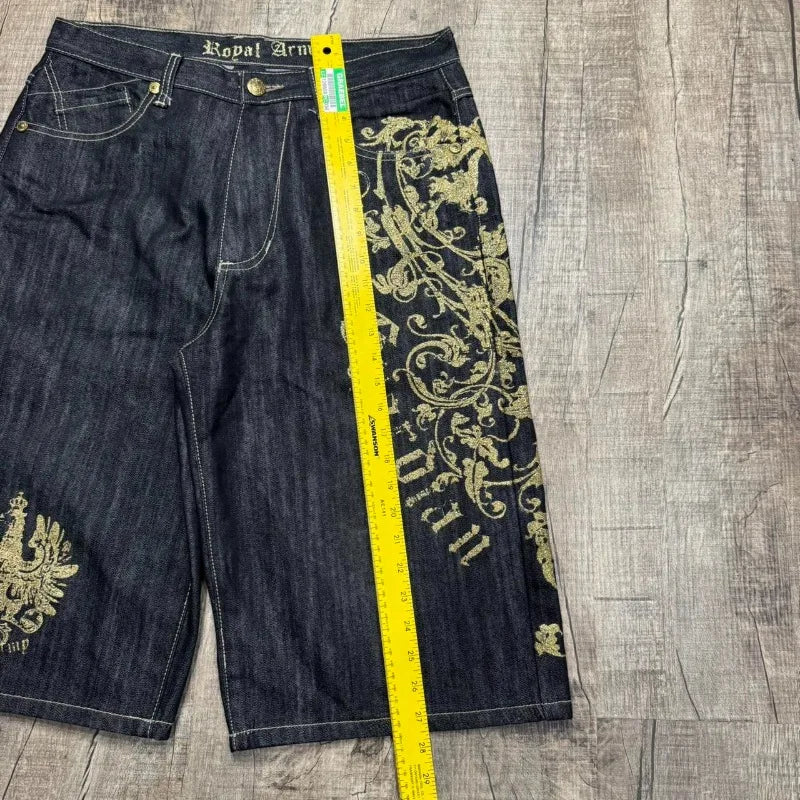 American Vintage Popular New Yellow Print Loose Denim Shorts Men Streetwear Fashion Gothic Casual Joker Shorts Women Clothing