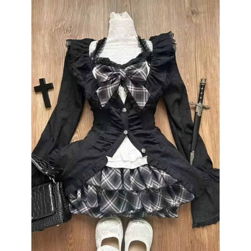 Y2k High Waist Lolita Short Skirt Suit France Vintage Slim Slash Neck Print 2 Piece Set Women Sweet Cute Off Shoulder Top Female