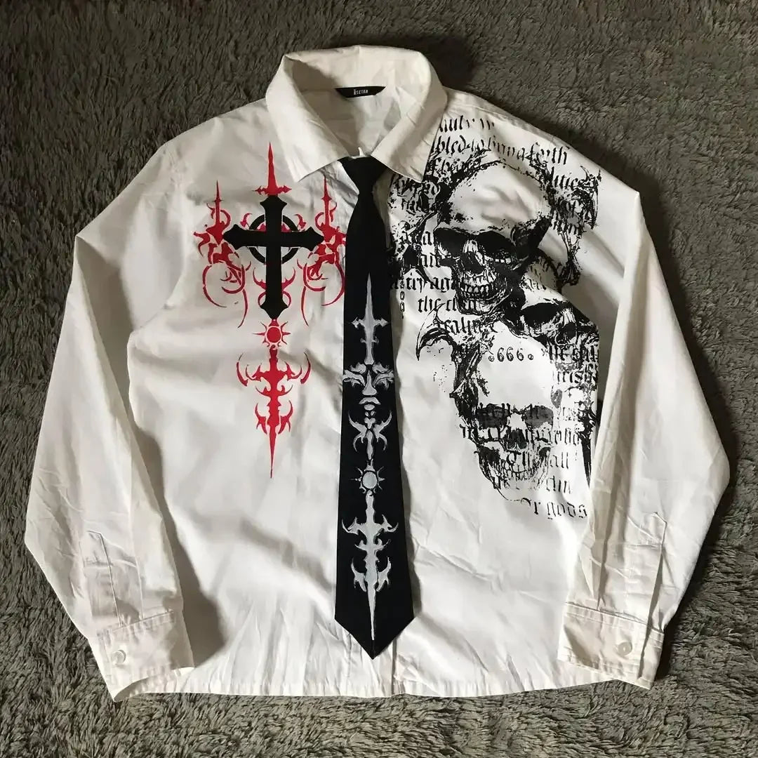 2025 New White Long sleeves Shirt Affliction Retro T Shirt Harajuku Men Skull Holy Writ Stripe Printing Tee Fashion Gothic Tops