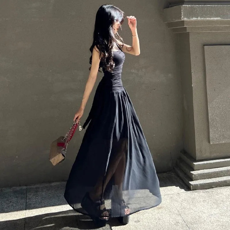 Y2K Wide Strap Panele Chiffon Gather Maxi Dress Folds Formal Summer Vintage Tank Black Dress Women Party Clubwear Long Robe