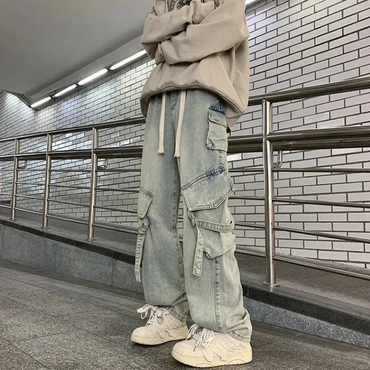 American Style Streetwear Men's Jeans Multi-Pocket Loose Straight-Leg Wide-Leg Spring Autumn New Arrival Long Pants