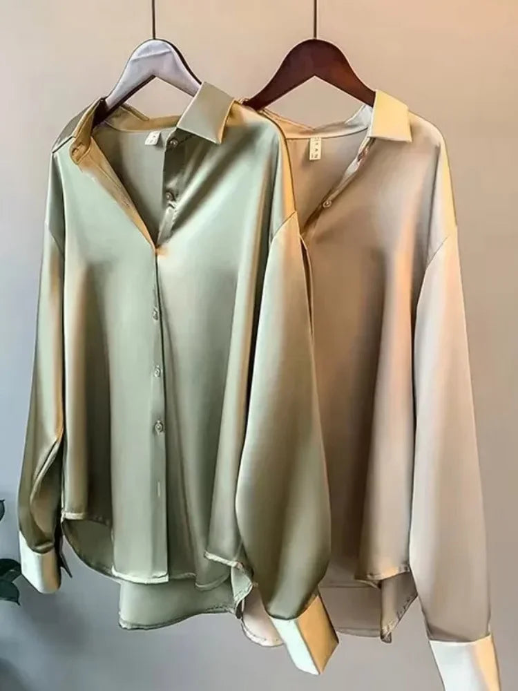 2025 Autumn Vintage Casual Button Silk Tops Elegant Satin Loose Women Shirt Spring Turn-down Collar Ladies Blouse