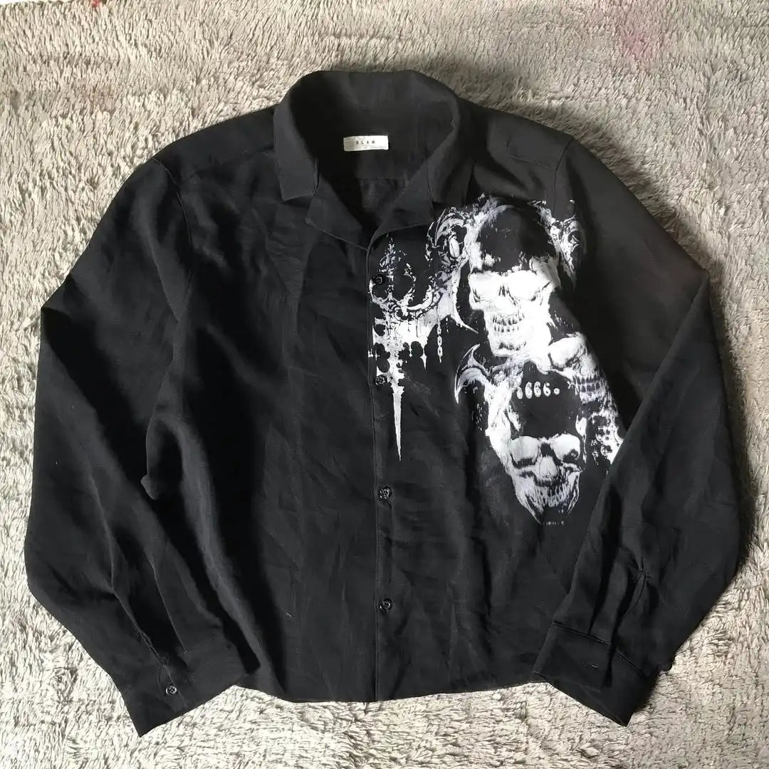 2025 New White Long sleeves Shirt Affliction Retro T Shirt Harajuku Men Skull Holy Writ Stripe Printing Tee Fashion Gothic Tops