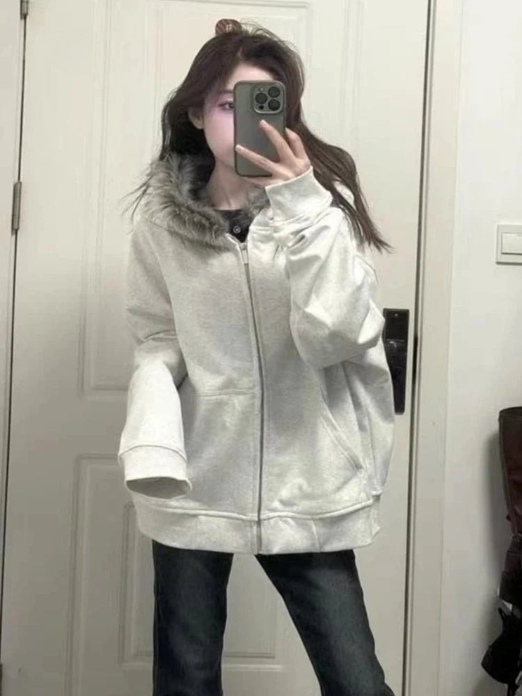 American Vintage Black Faux Fur Sweatshirts Women Letter Printed Subculture Coats with Hooded Female Gothic Harajuku Jackets Y2k