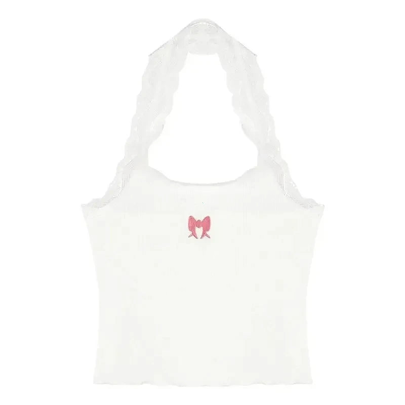 2025 Y2k Halter Top Crop Top Women's Lace Embroidery Butterfly Graphics Tank Top Ladies Sexy Vest Female Coquette Summer Clothes