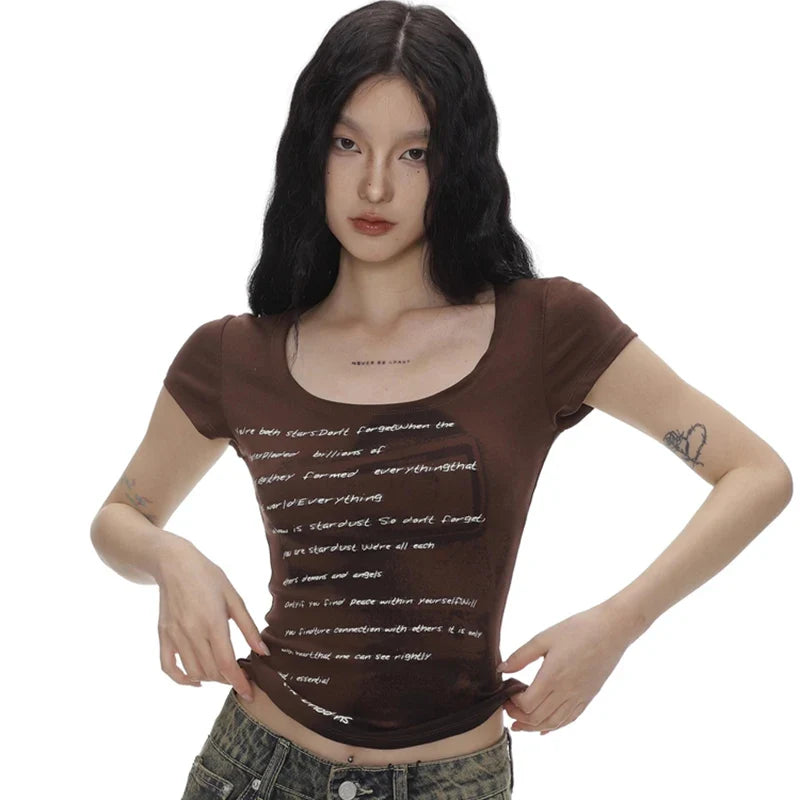 2025 Summer Women Retro Sweet Spicy Skinny Tops Lady Bean Green Casual T-Shirts Girls Letter Portrait Print Short Sleeve Clothes
