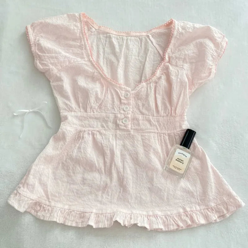 Y2K Fairy Grunge Crop Top for Women Short Sleeve Lace Patchwork T-Shirt Aesthetic Slim Fit Cute Babydoll Top Tees Streetwear Top