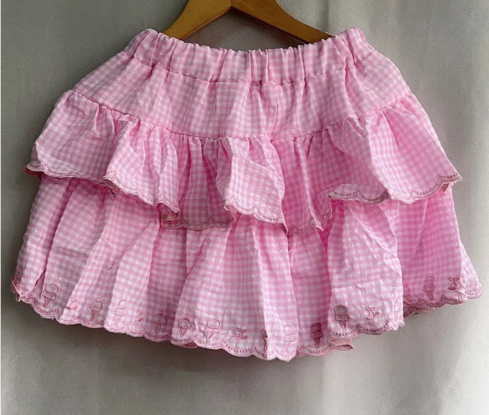2025 Faldas Mujer De Moda Japanese Summer Skirt Women High Waist Jupe Kawaii Embroidery Fashion Plaid Mini Y2k Pink Cute Skirts