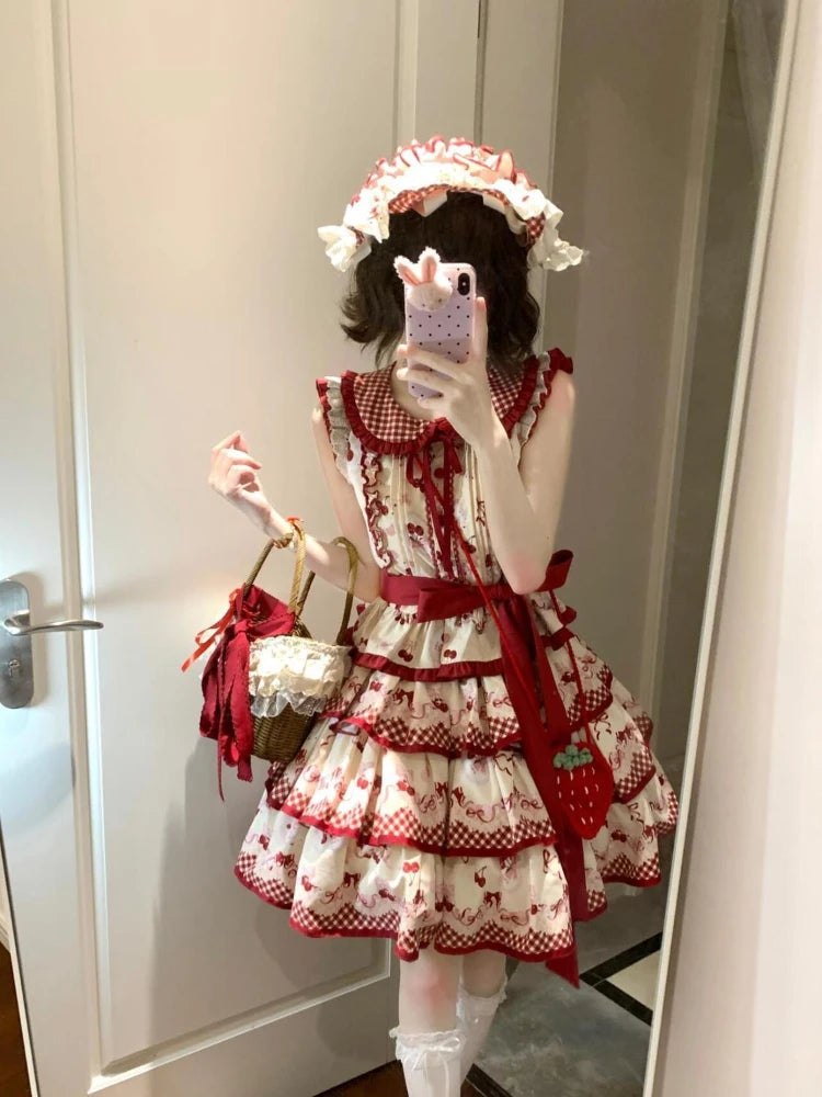 2025 New Japanese Cherry Sweetheart Lolita Dress Women Flying Sleeve Peter Pan Collar Mini Dress Kawaii Cute Princess Clothing