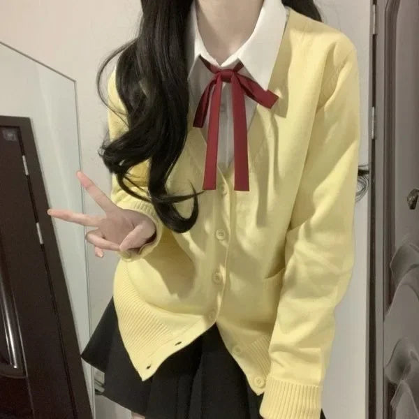 Yellow Knitted Cardigan Sweater Cute Japanese Preppy Style Long Sleeve Top Suit For Women Fashionable and Elegant Design