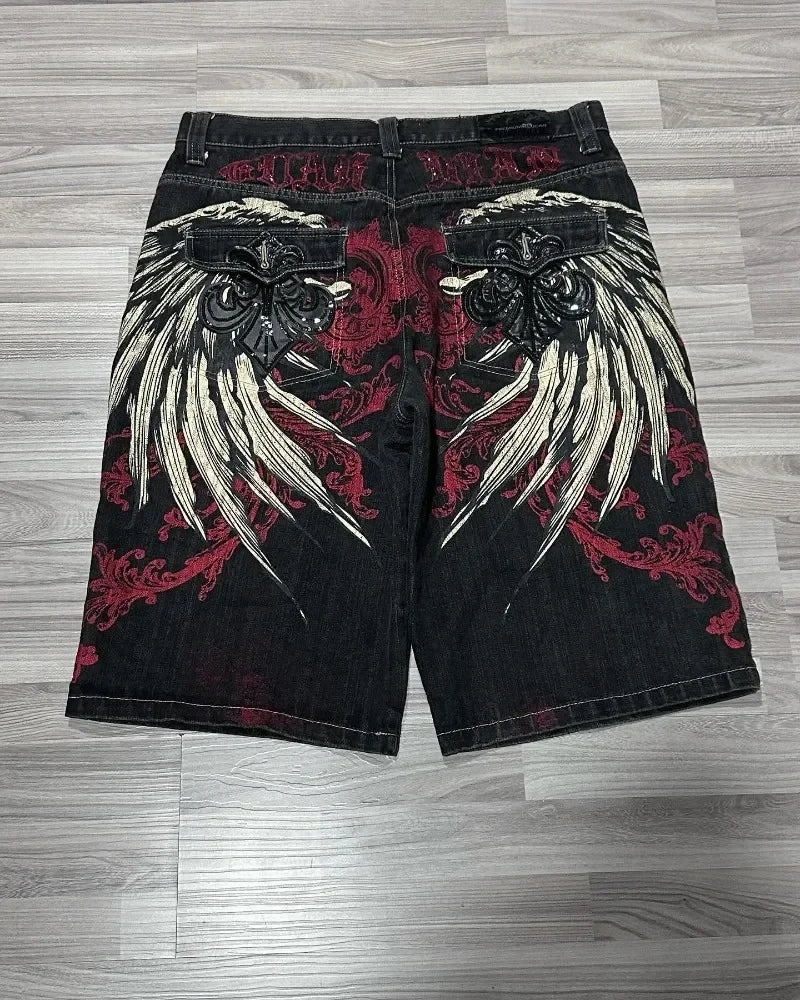 American Vintage Popular New Yellow Print Loose Denim Shorts Men Streetwear Fashion Gothic Casual Joker Shorts Women Clothing