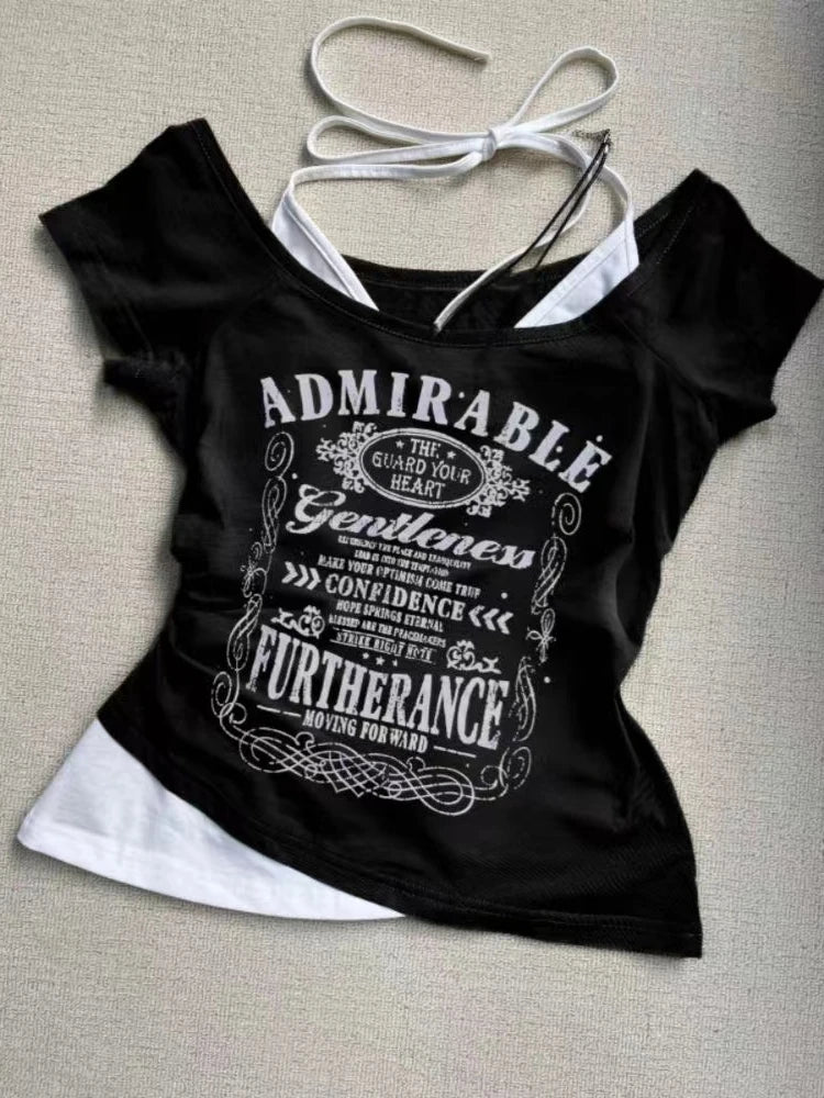 Y2K Retro Street Print T-shirt Fashion Streetwear Halter Neck Fake Two Piece Harajuku 2024 Summer Casual T-Shirt Women Clothes