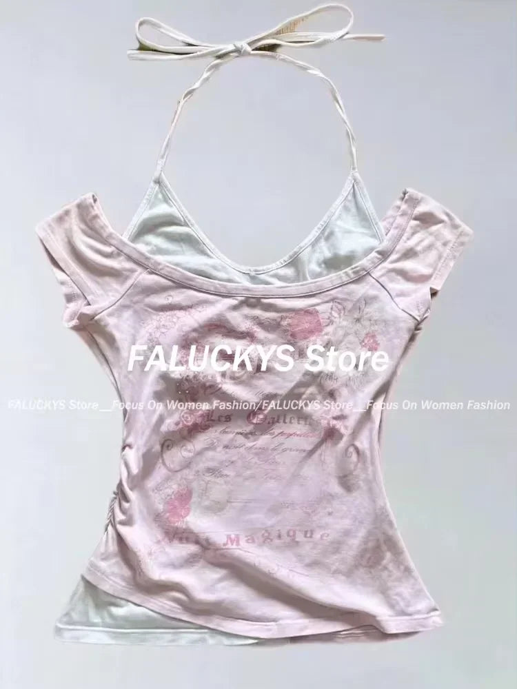 Y2K Retro Street Print T-shirt Fashion Streetwear Halter Neck Fake Two Piece Harajuku 2024 Summer Casual T-Shirt Women Clothes