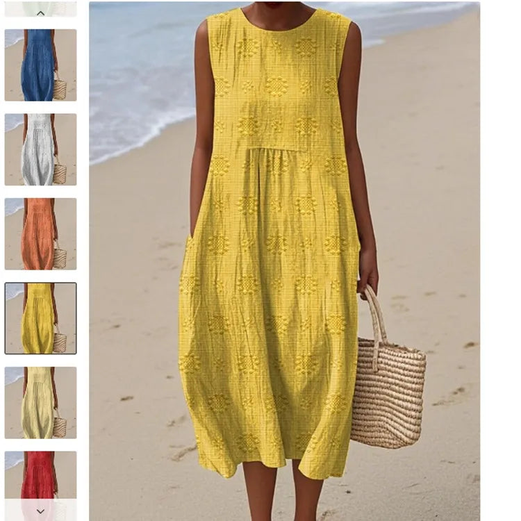 2026Spring Summer Fashion New Sleeveless Print Loose Midi Dresses For Women Casual O-neck Pocket A-line Dress Ladies Beach Dress