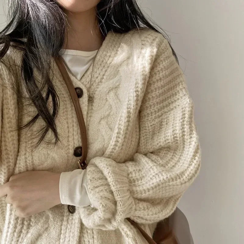 2024 French Retro Twist Cardigan Sweater Women Spring and Autumn New Gentle Sle Lazy Loose V-neck All-Match Knitted Outerwear