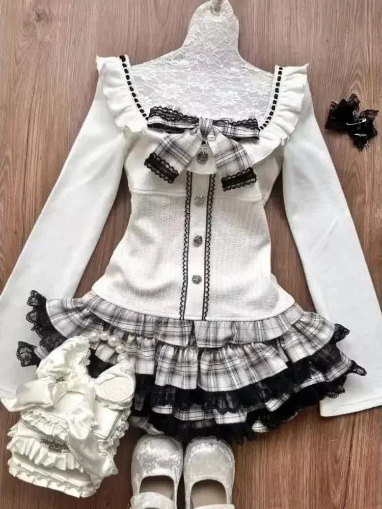 Y2k High Waist Lolita Short Skirt Suit France Vintage Slim Slash Neck Print 2 Piece Set Women Sweet Cute Off Shoulder Top Female