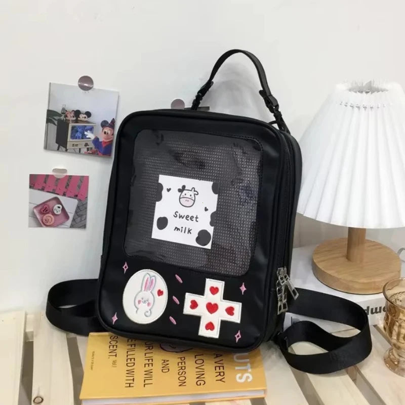 Y2K Japanese Kawaii TV Design Ita Bag Cute PU Shoulder Bag Transparent Pocket Harajuku Crossbody Bag for Women Fashion Backpacks