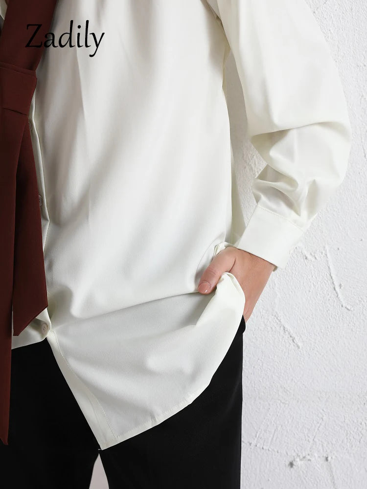 Zadily 2024 Summer Minimalist Long Sleeve Button Up Shirt Women Korean Style Solid Tie Oversize Shirts Blouse Loose Clothes Tops