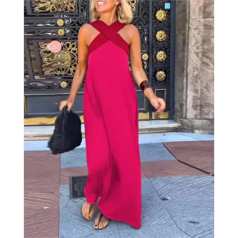 2025 New Summer Cross Halter Long Dress For Women Casual Loose Off Shoulder Beach Dress Fashion Multi-color Holiday Slim Dresses