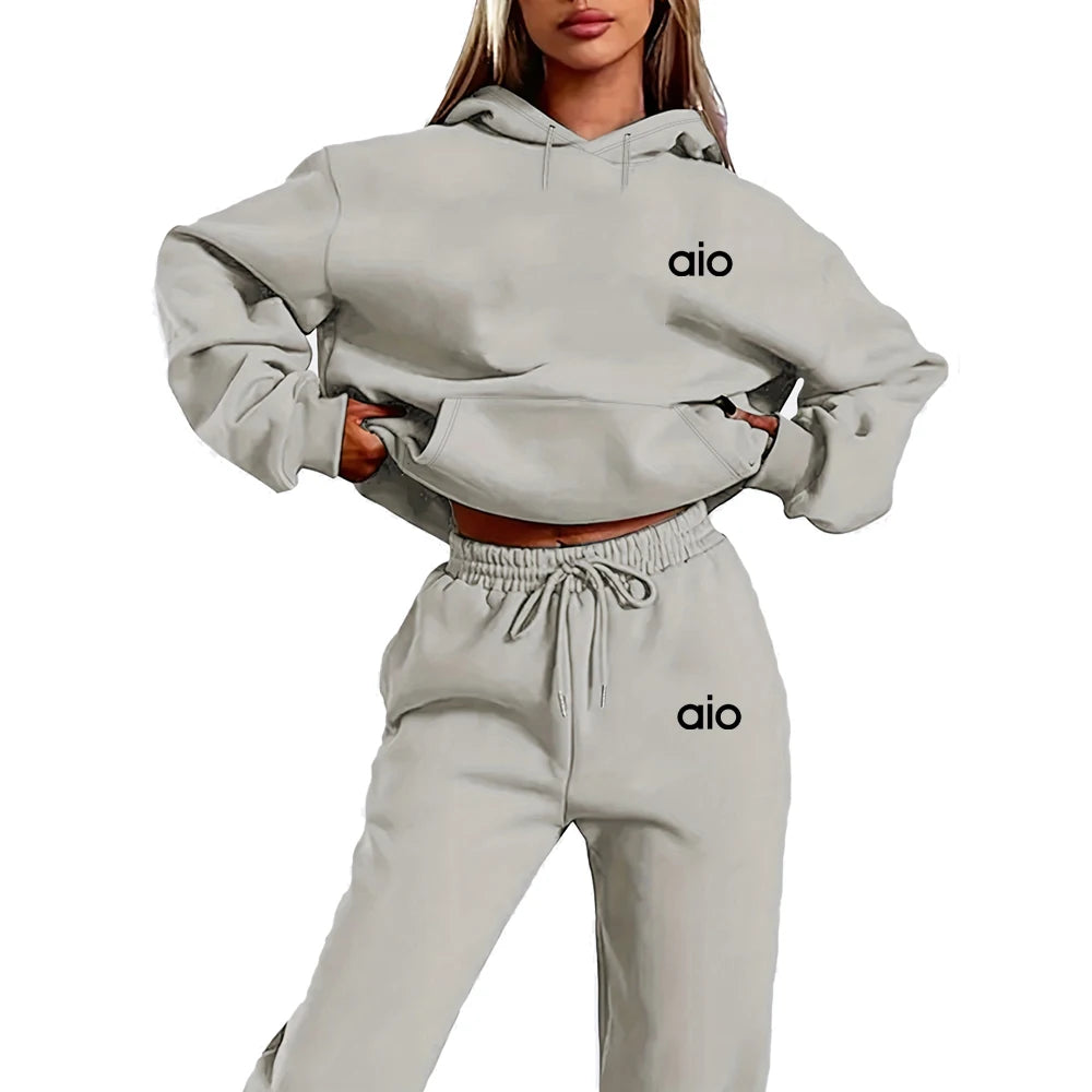 ai Printing High Quality Women Monochrome Hooded Hoodie Set Casual Two-Piece Set New Fashion Hot Selling