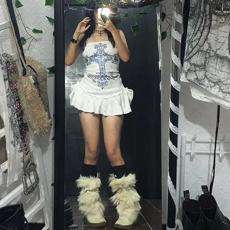 Y2k Women Chest Hugging Dress Gothic Hip Hop Punk Graphic Aesthetic Harajuku 2000s Vintage Streetwear High Street Retro EMO Girl