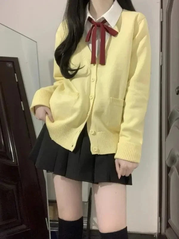 Yellow Knitted Cardigan Sweater Cute Japanese Preppy Style Long Sleeve Top Suit For Women Fashionable and Elegant Design