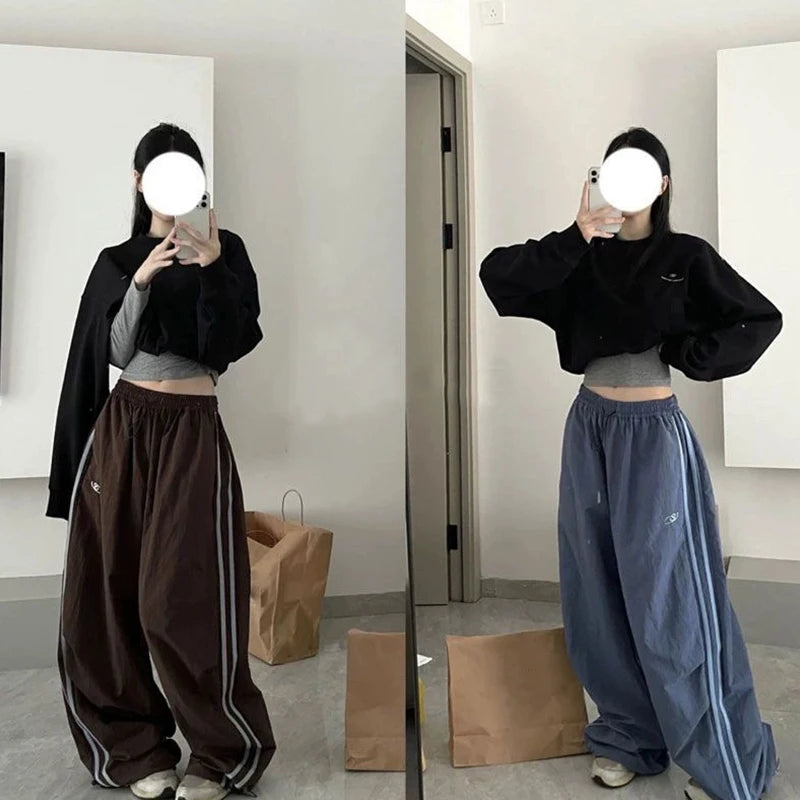 American Autumn Women Cargo Embroidery Pants Vintage Streetwear Wide Leg Sweatpants Casual Drawstring Oversize Fashion Trousers