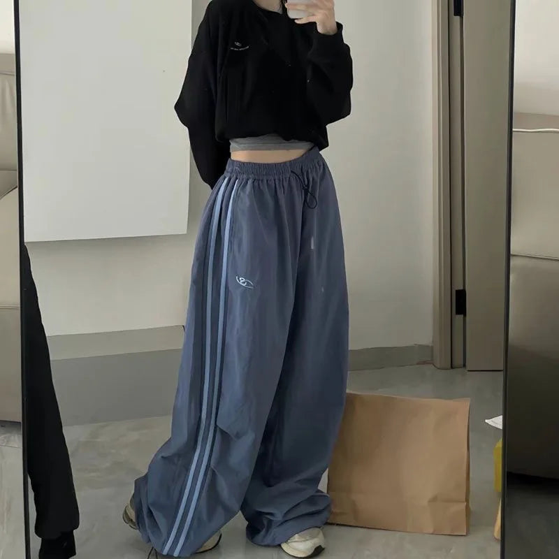 American Autumn Women Cargo Embroidery Pants Vintage Streetwear Wide Leg Sweatpants Casual Drawstring Oversize Fashion Trousers