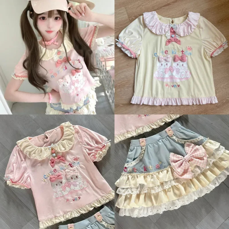 Y2K JK Lolita Japan Kawaii Girl Cute Sweet Lace T-shirt Lolita Print Tops Bow Cake Blouse A-line Spliced Cake Skirt New Chic