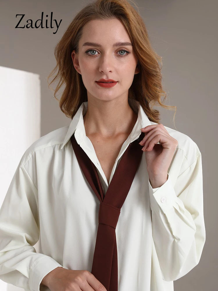 Zadily 2024 Summer Minimalist Long Sleeve Button Up Shirt Women Korean Style Solid Tie Oversize Shirts Blouse Loose Clothes Tops
