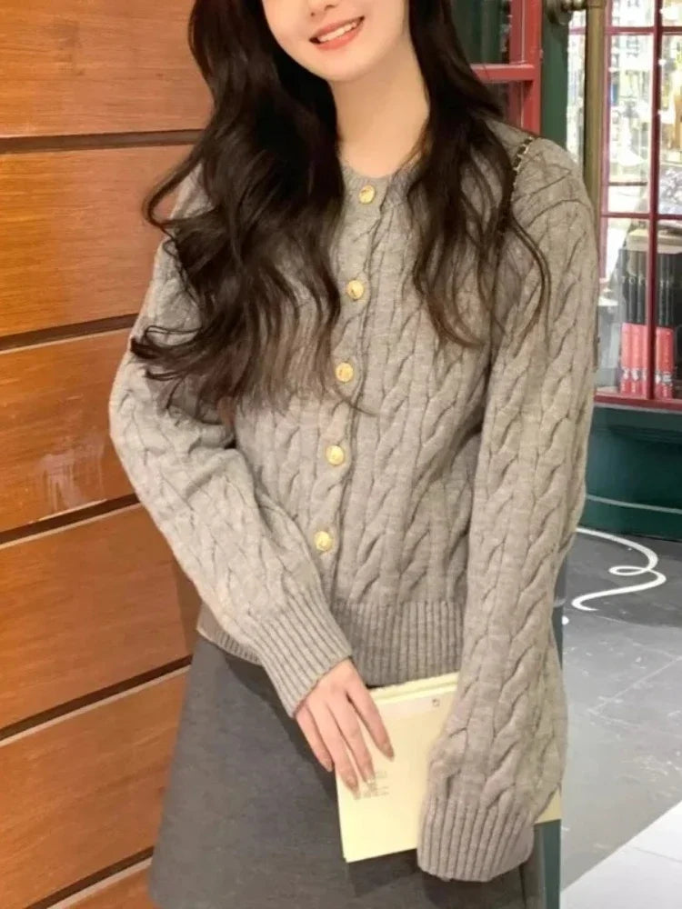 2025 O-neck Elegant Knitted Top Vintage Long Sleeve Cardigan Women Sweater Fashion Autumn Grey Knitwear