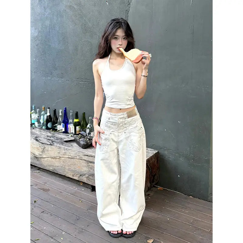 Y2k Retro Pocket Embroidered Jeans Denim Pants Harajuku High Waisted Wide Leg Jeans Casual High Street Women Clothing