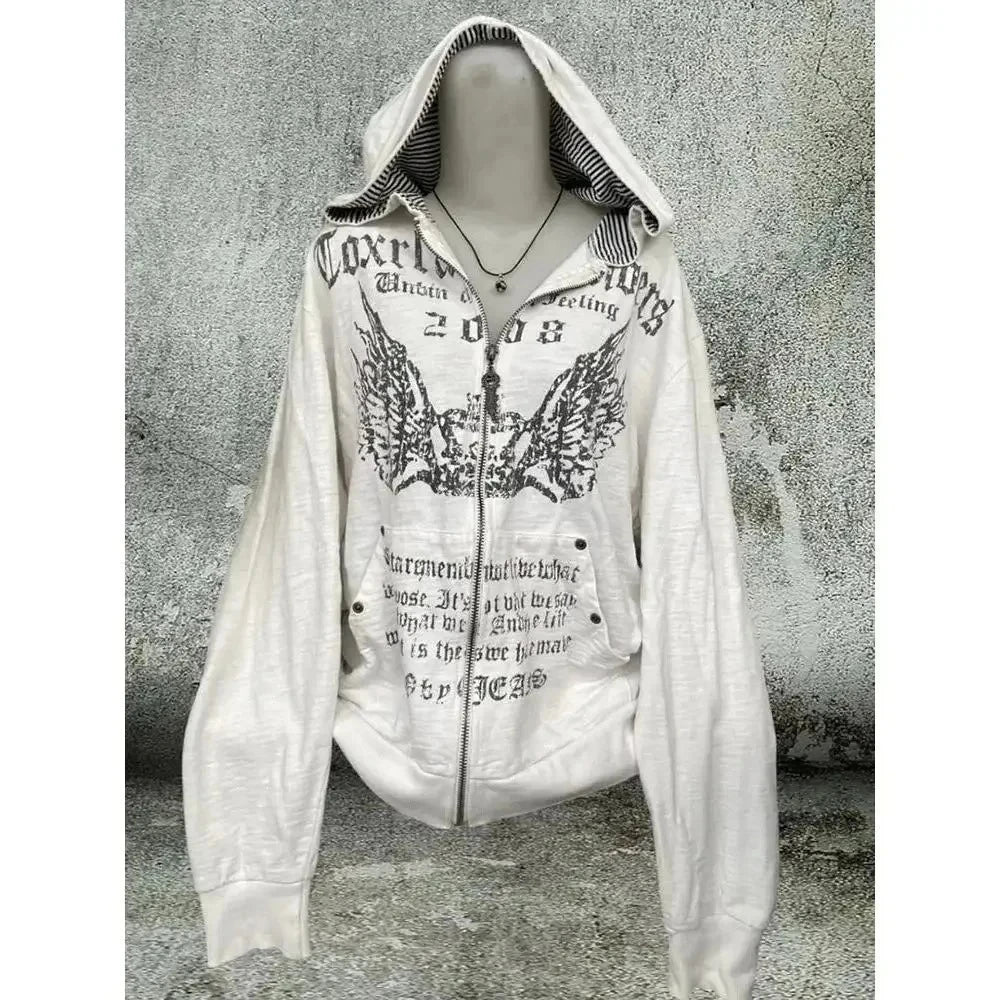 American Vintage Black Faux Fur Sweatshirts Women Letter Printed Subculture Coats with Hooded Female Gothic Harajuku Jackets Y2k