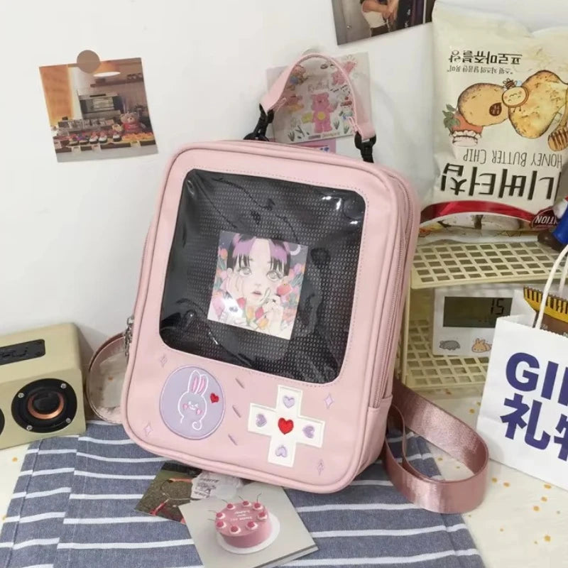 Y2K Japanese Kawaii TV Design Ita Bag Cute PU Shoulder Bag Transparent Pocket Harajuku Crossbody Bag for Women Fashion Backpacks