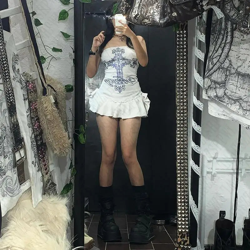 Y2k Women Chest Hugging Dress Gothic Hip Hop Punk Graphic Aesthetic Harajuku 2000s Vintage Streetwear High Street Retro EMO Girl