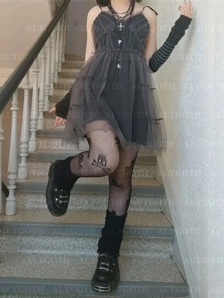 AltGoth Y2k Gothic Mesh Dress Women Fairycore Grunge Streetwear Sexy Spaghetti Strap High Waist A-line Dress Soft Goth Outfits