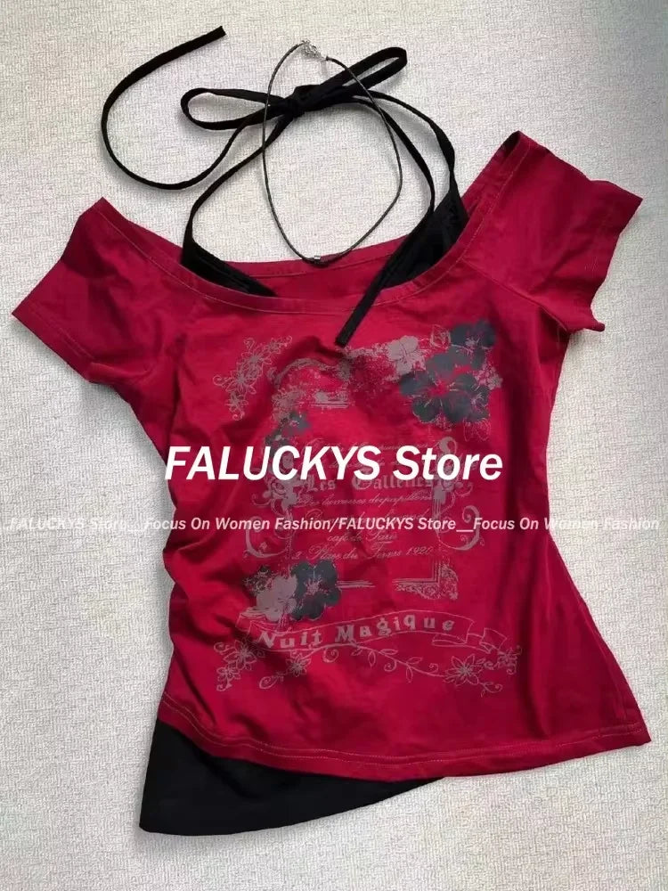 Y2K Retro Street Print T-shirt Fashion Streetwear Halter Neck Fake Two Piece Harajuku 2024 Summer Casual T-Shirt Women Clothes