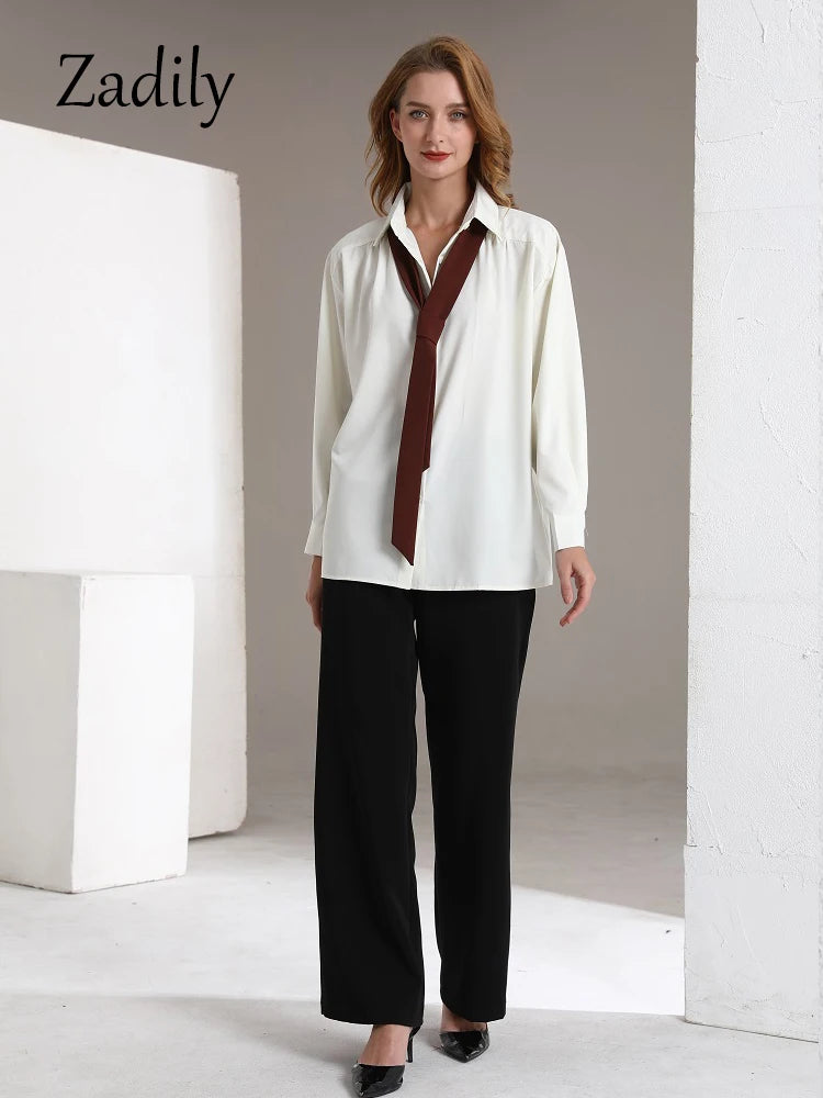 Zadily 2024 Summer Minimalist Long Sleeve Button Up Shirt Women Korean Style Solid Tie Oversize Shirts Blouse Loose Clothes Tops
