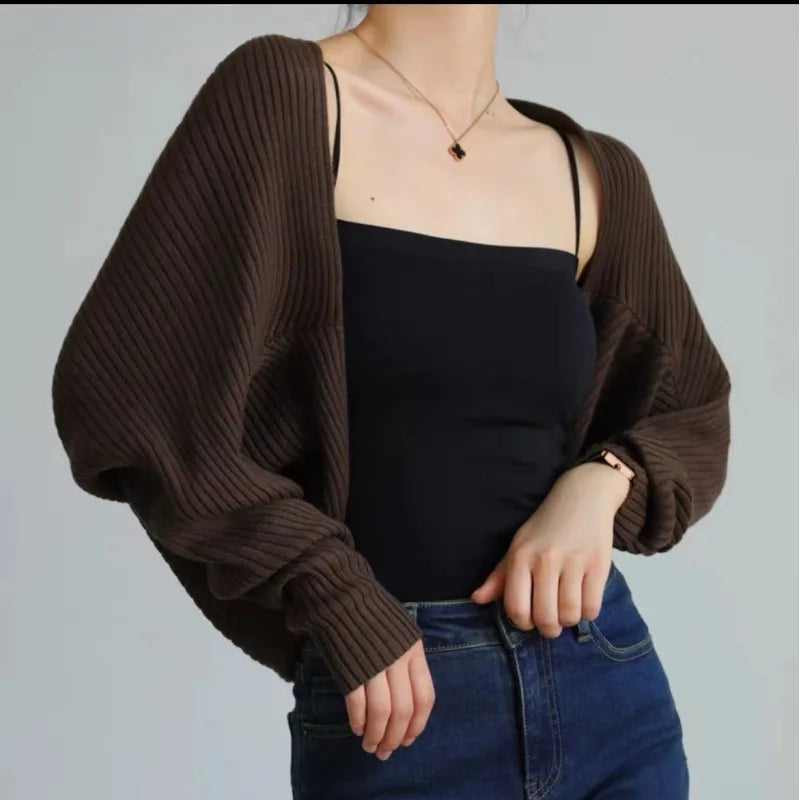 1pcs Four Season Women Cardigan Long Sleeve Short Shawl Jacket Sun Protection Knitted Cropped Loose Shirt Paired With Camisoles