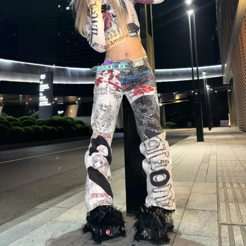 Y2K High Street Retro Graffiti Printed Baggy Jeans Women Streetwear Hip Hop Loose Japanese Millennium Casual Straight Jeans
