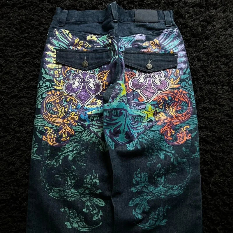 2025 New American Trend Vintage Hip-hop Embroidery Pattern Baggy Jeans Men And Women Y2K Harajuku Gothic Wide Pants Streetwear