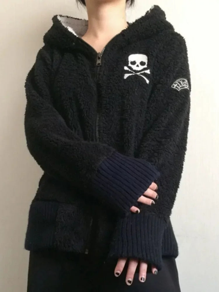 Y2k Lamb Wool Jackets Women Gothic Hoodies Cross Skull Grunge Zipper Sweatshirts Vintage Casual Hooded Coats Harajuku Streetwear