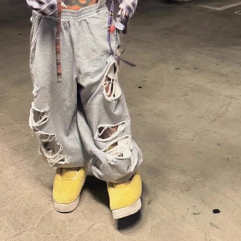American Street Hole Casual Pants for Women Y2k Harajuku Loose Irregular Men and Women Wide Leg Sports Pants Streetwear Women