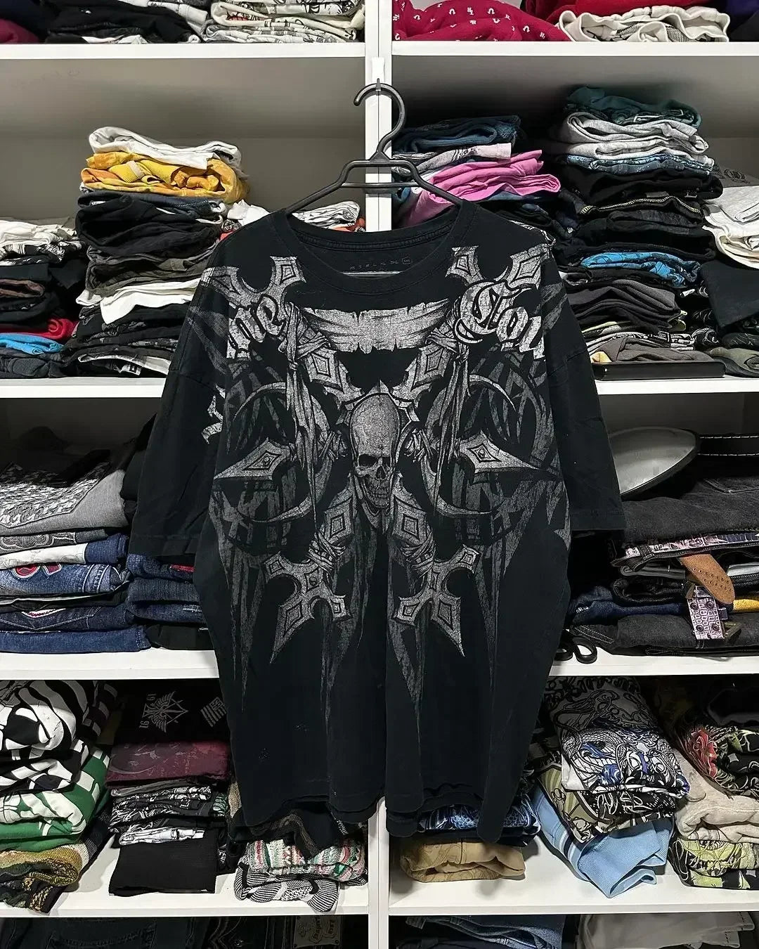 2025 Fall Affliction Red Long sleeved T shirt Round Neck Oversized shirt Casual Gothic Skull Holy Writ Letter Tops Streetwear