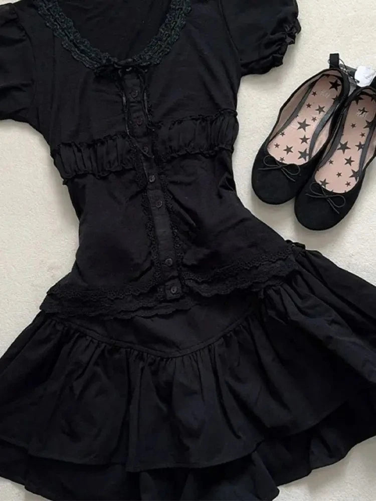 Y2k Gothic Vintage Black Lace 2 Piece Set Women Hepburn Chic Slim Lace Puff Sleeve Tops Female + High-waist Ruffle Short Skirt