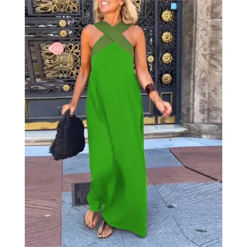 2025 New Summer Cross Halter Long Dress For Women Casual Loose Off Shoulder Beach Dress Fashion Multi-color Holiday Slim Dresses