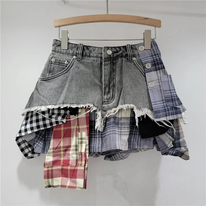 YEAE plaid patchwork irregular denim shorts women's fashion high-waisted A-word denim shorts skirt 2024 summer