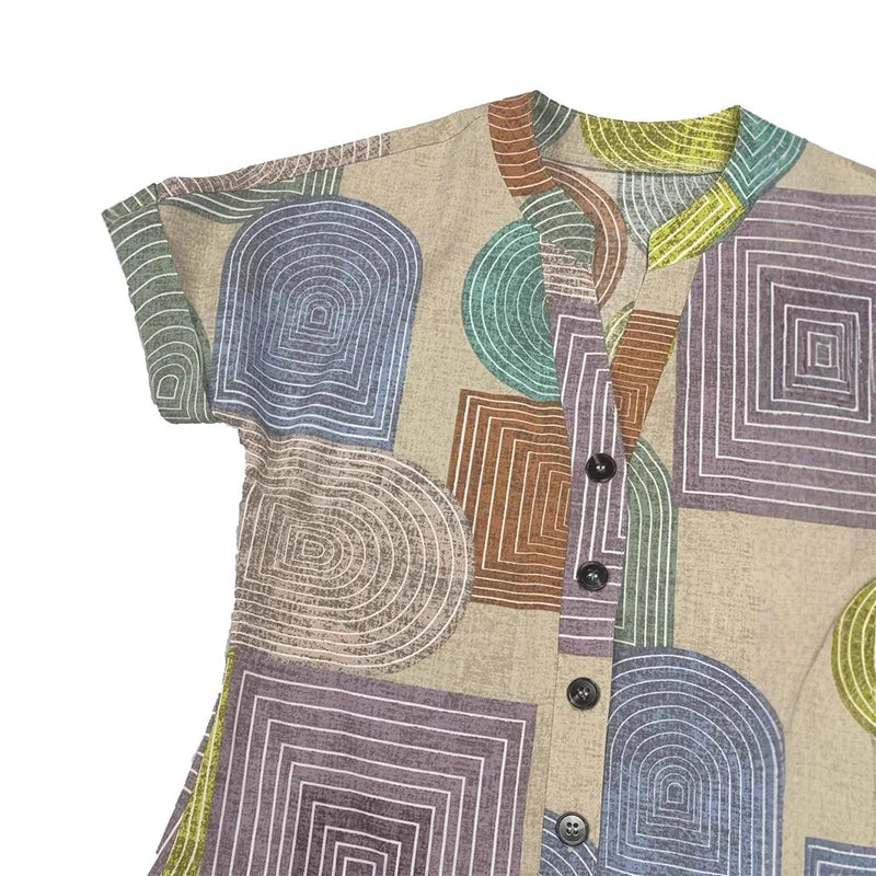 2025 European and American women's clothing foreign trade Amazon summer geometric printing elegant V-neck button up dress