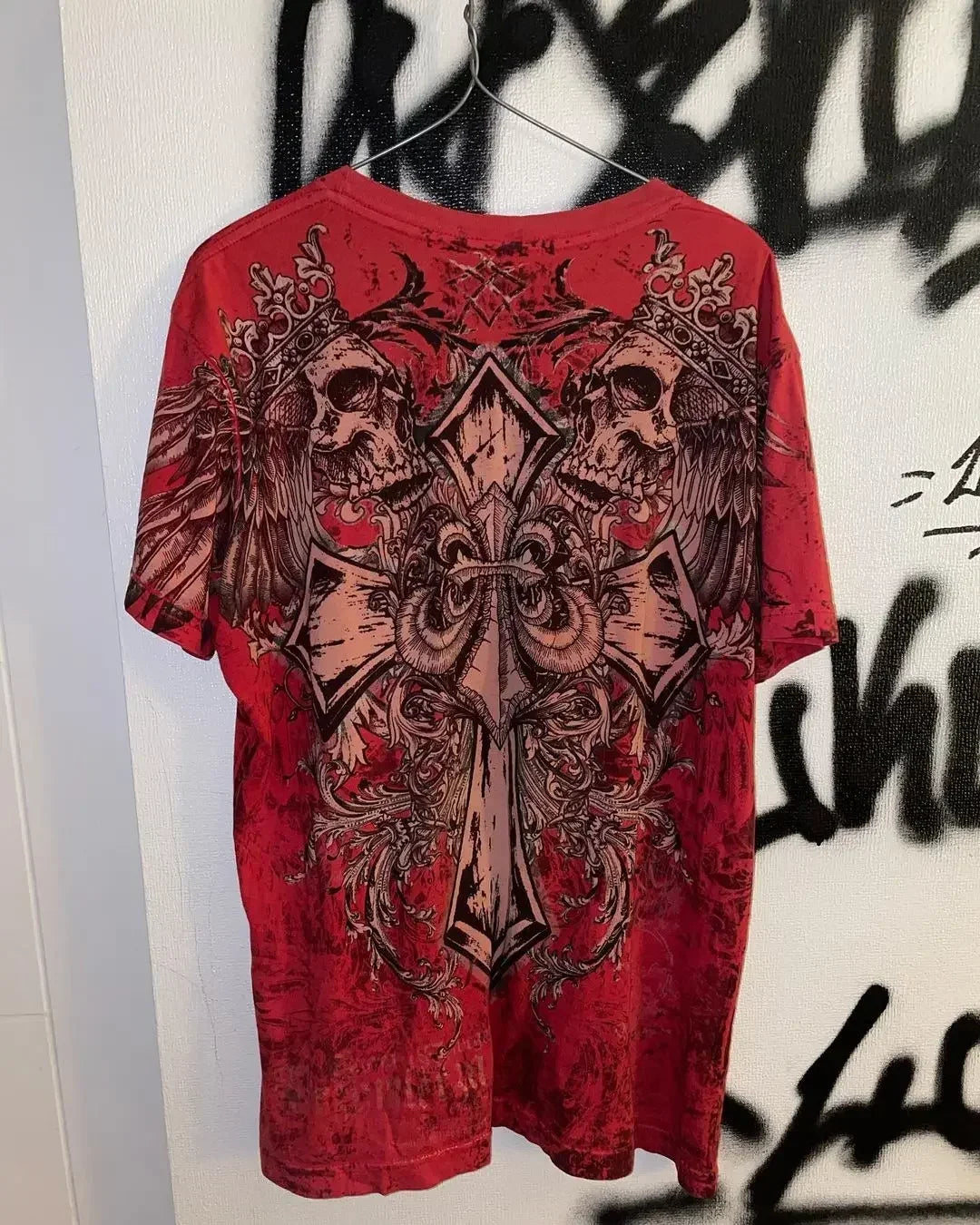 2025 Fall Affliction Red Long sleeved T shirt Round Neck Oversized shirt Casual Gothic Skull Holy Writ Letter Tops Streetwear