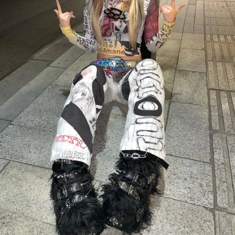 Y2K High Street Retro Graffiti Printed Baggy Jeans Women Streetwear Hip Hop Loose Japanese Millennium Casual Straight Jeans
